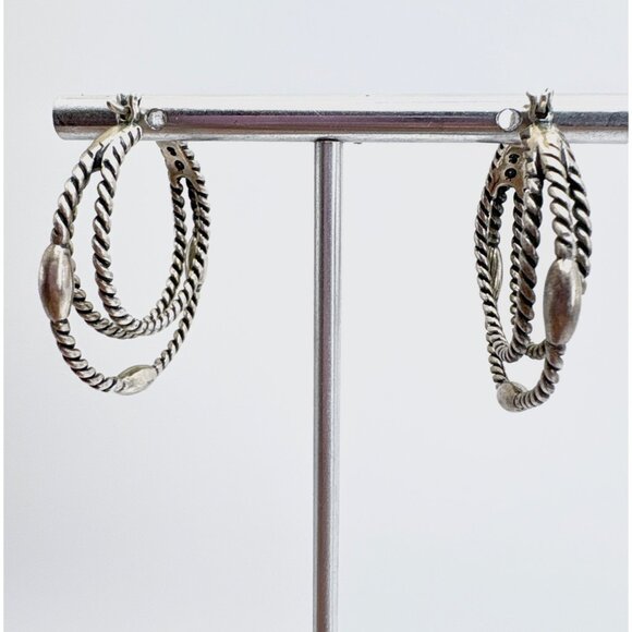 VTG Sterling Silver 925 Twist Design Triple Hoop Earrings Size 1.5" Diameter - Picture 5 of 11